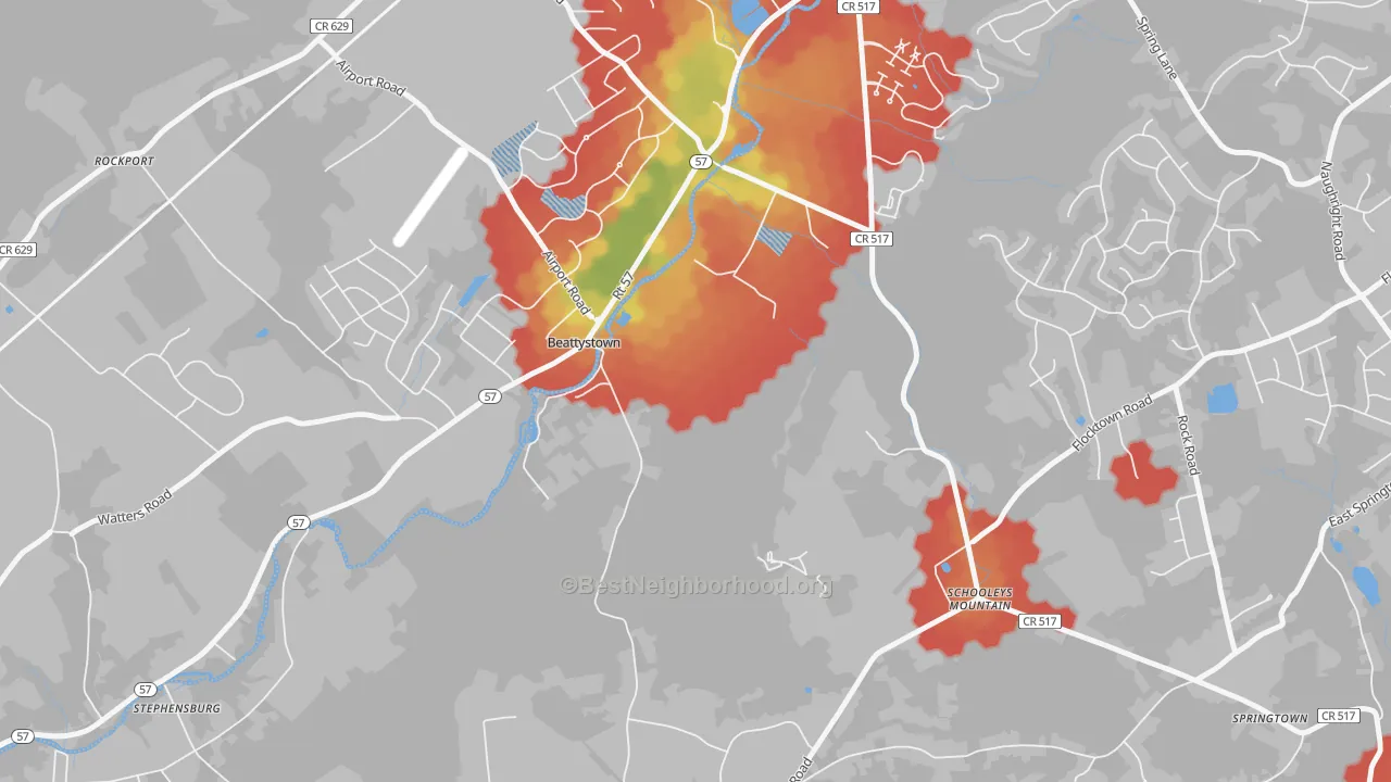 Walk Grade map of Schooleys Mountain, NJ, walkable areas in green and car-dependent areas in red