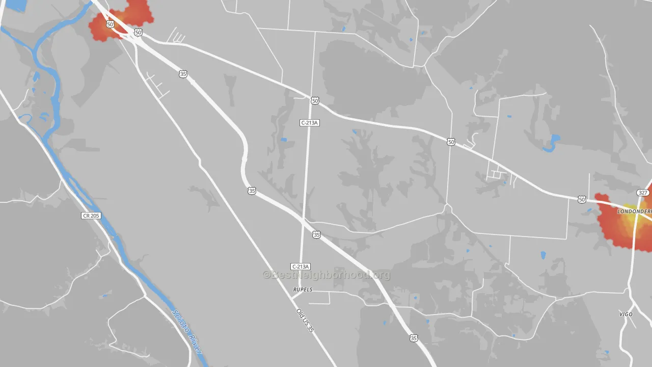 Walk Grade map of Schooleys, OH, walkable areas in green and car-dependent areas in red