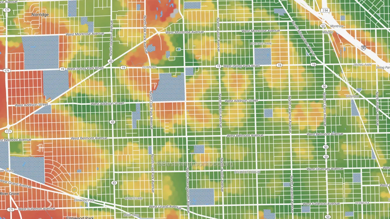 Walk Grade map of Schorsch, Chicago, IL, walkable areas in green and car-dependent areas in red