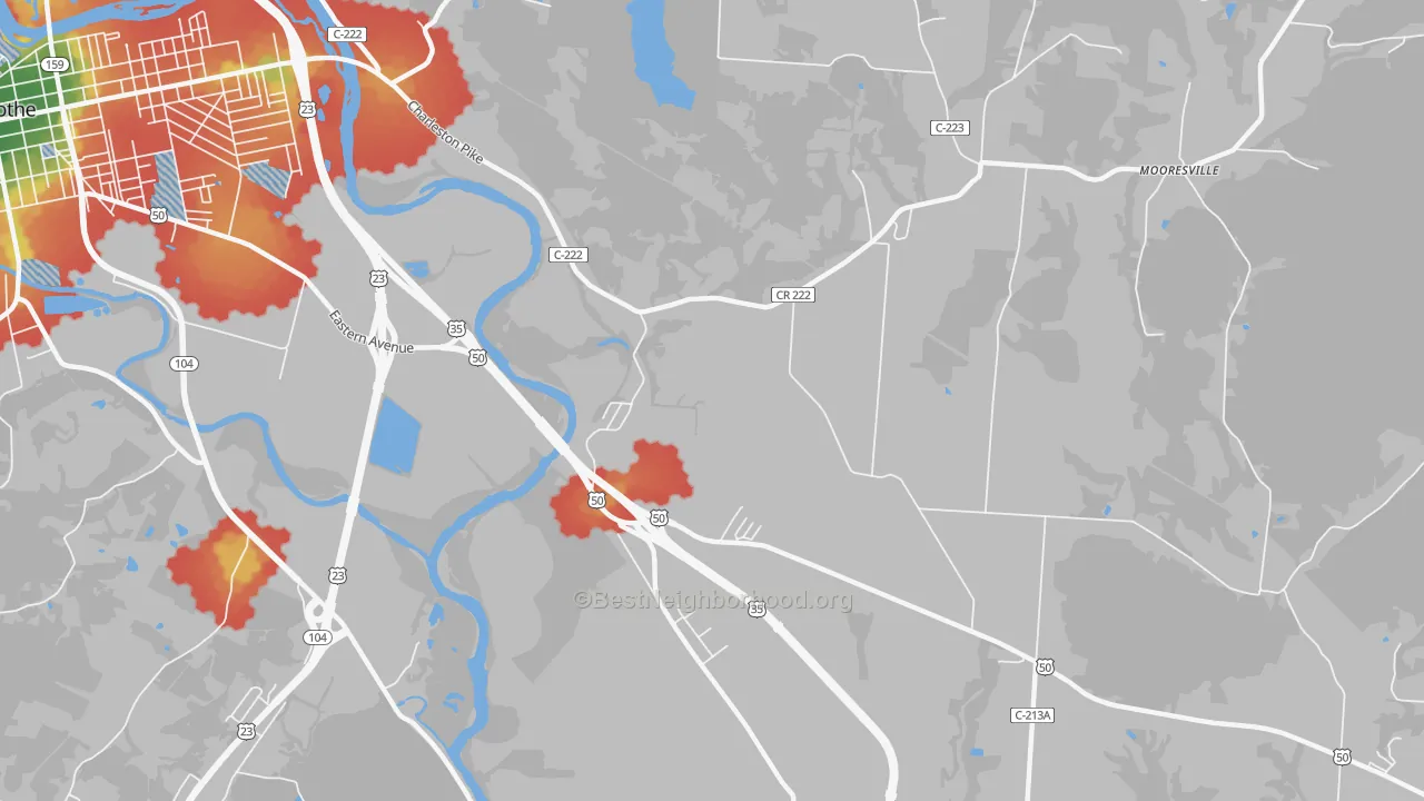 Walk Grade map of Schrader, OH, walkable areas in green and car-dependent areas in red