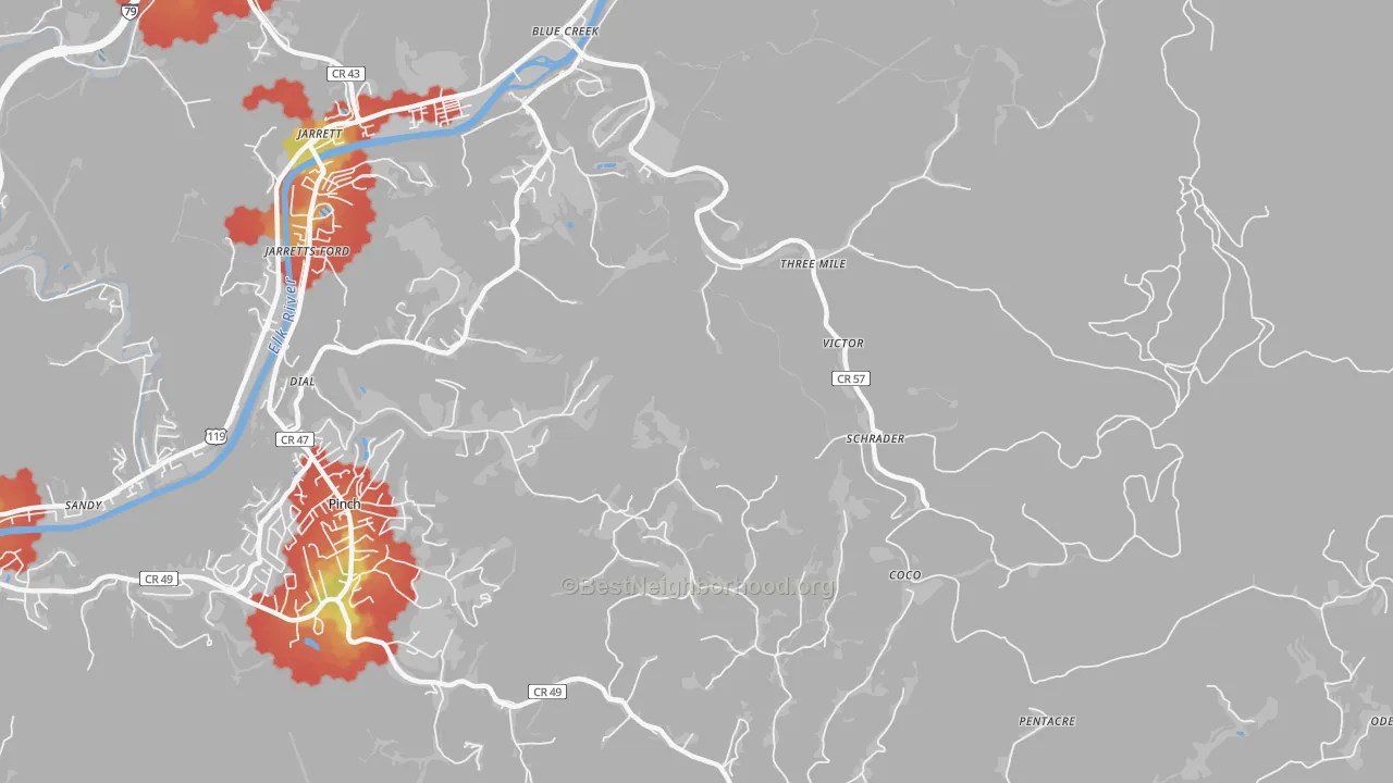 Walk Grade map of Schrader, WV, walkable areas in green and car-dependent areas in red