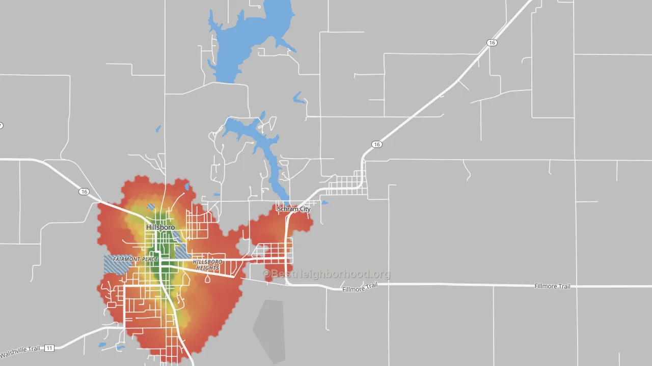 Walk Grade map of Schram City, IL, walkable areas in green and car-dependent areas in red