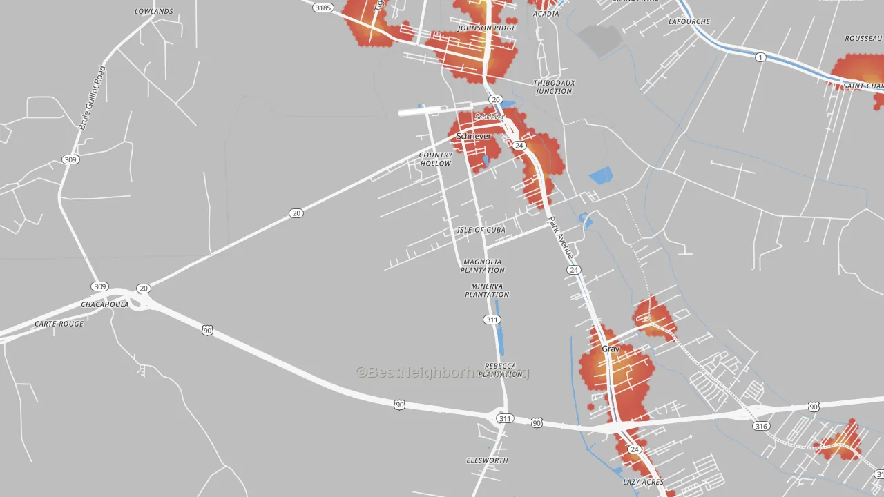Walk Grade map of Schriever, LA, walkable areas in green and car-dependent areas in red