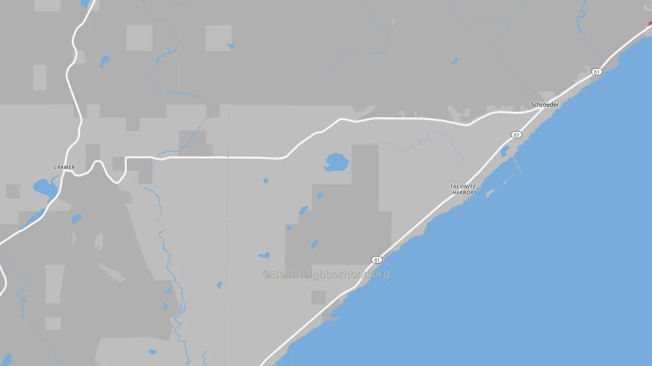 Walk Grade map of Schroeder, MN, walkable areas in green and car-dependent areas in red