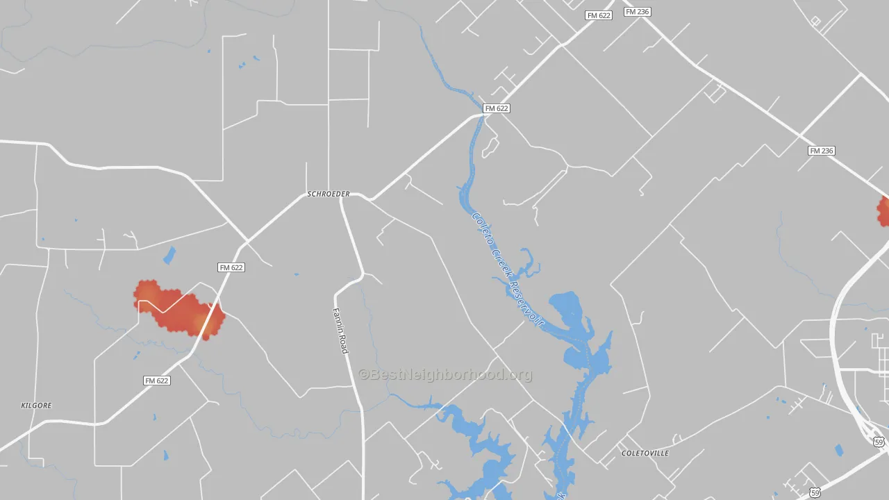 Walk Grade map of Schroeder, TX, walkable areas in green and car-dependent areas in red