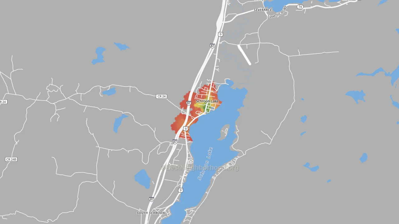Walk Grade map of Schroon Lake, NY, walkable areas in green and car-dependent areas in red