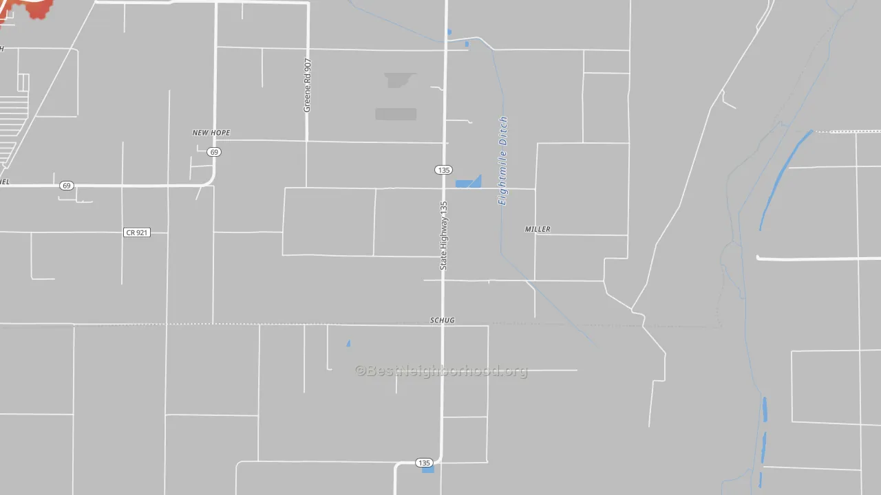 Walk Grade map of Schug, AR, walkable areas in green and car-dependent areas in red