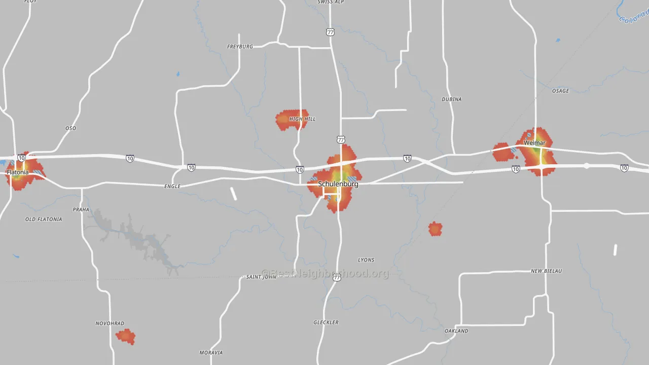 Walk Grade map of Schulenburg, TX, walkable areas in green and car-dependent areas in red
