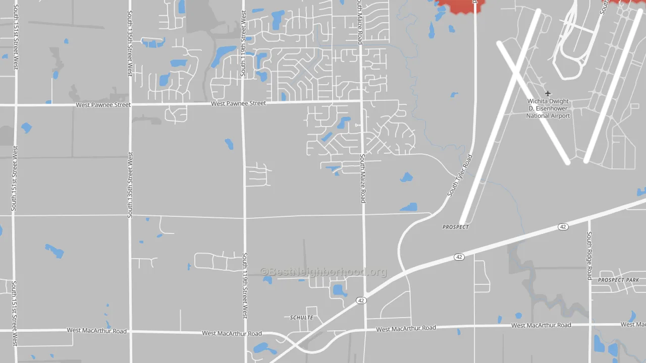 Walk Grade map of Schulte, KS, walkable areas in green and car-dependent areas in red