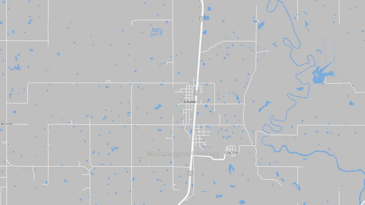 Walk Grade map of Schulter, OK, walkable areas in green and car-dependent areas in red