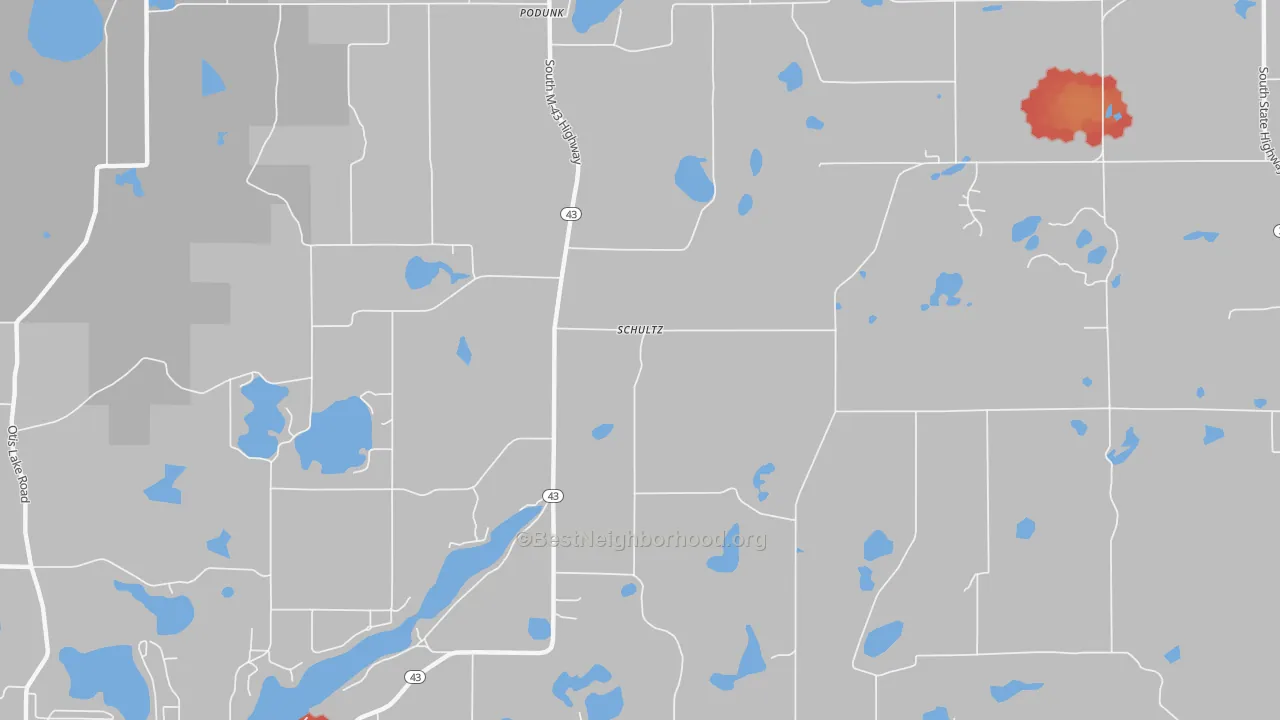 Walk Grade map of Schultz, MI, walkable areas in green and car-dependent areas in red