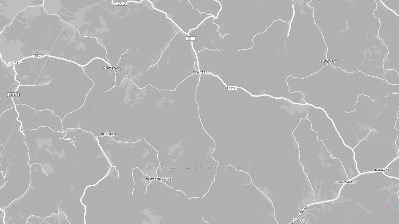 Walk Grade map of Schultz, WV, walkable areas in green and car-dependent areas in red
