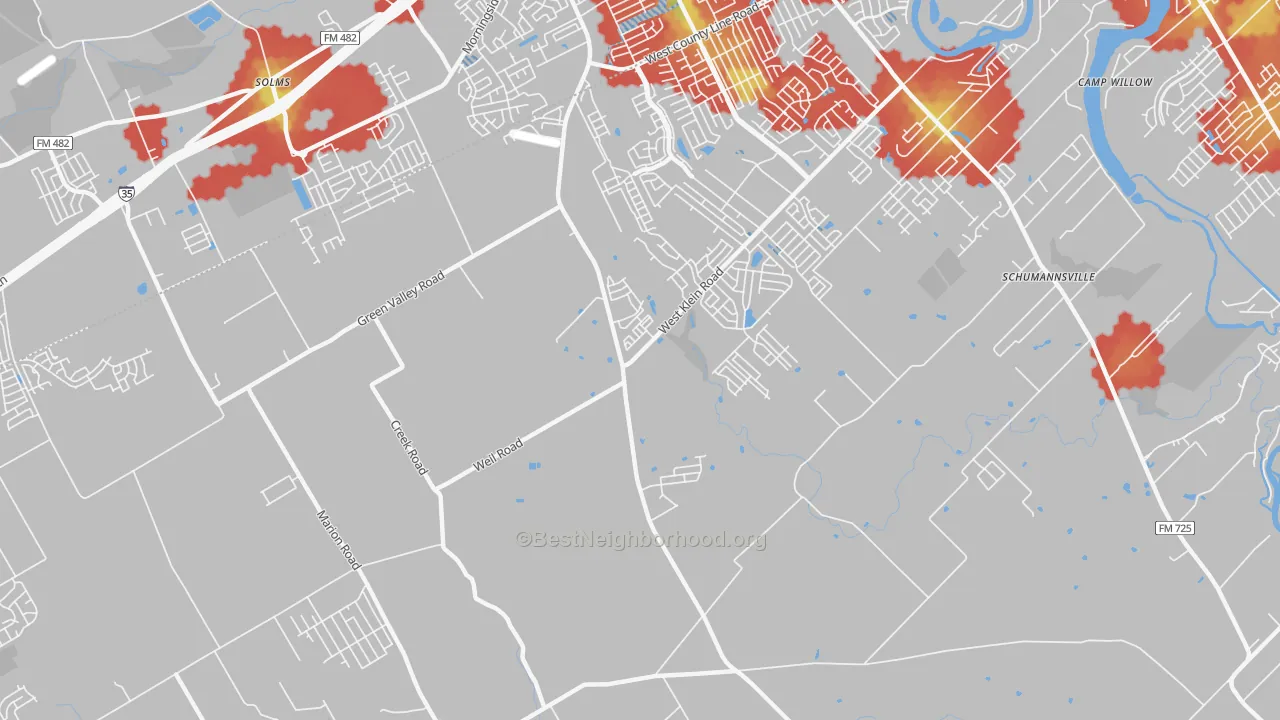 Walk Grade map of Schumannsville, TX, walkable areas in green and car-dependent areas in red