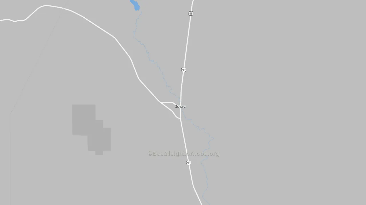 Walk Grade map of Schurz, NV, walkable areas in green and car-dependent areas in red