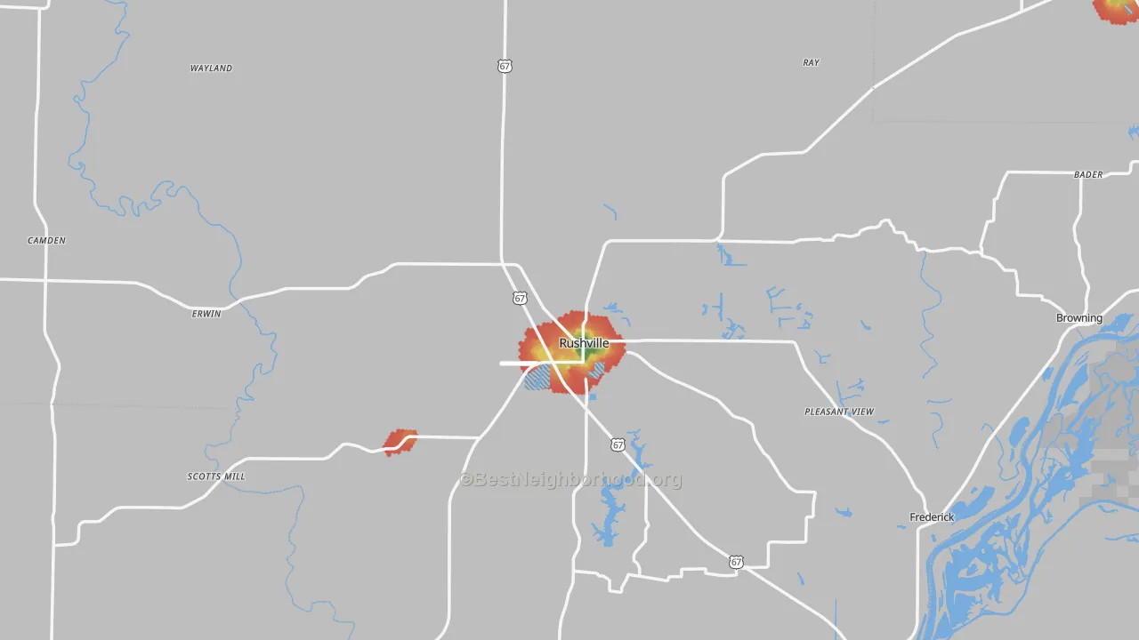 Walk Grade map of Schuyler County, IL, walkable areas in green and car-dependent areas in red