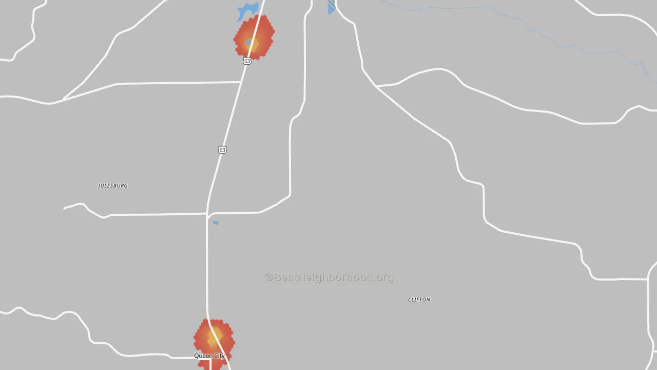 Walk Grade map of Schuyler County, MO, walkable areas in green and car-dependent areas in red