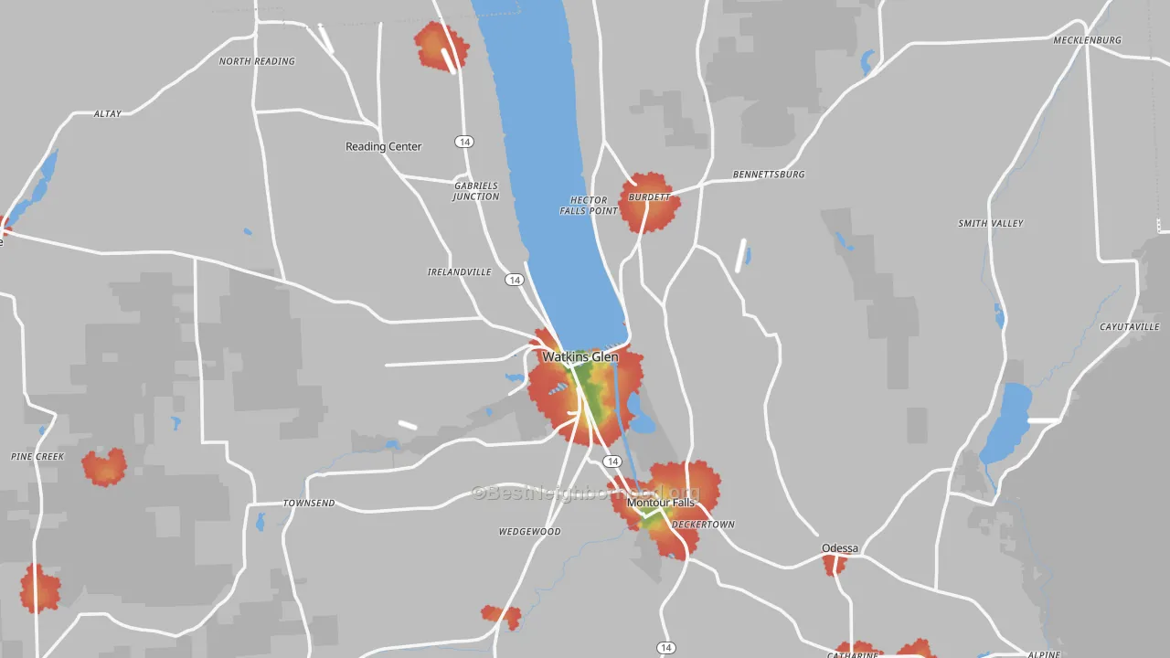 Walk Grade map of Schuyler County, NY, walkable areas in green and car-dependent areas in red