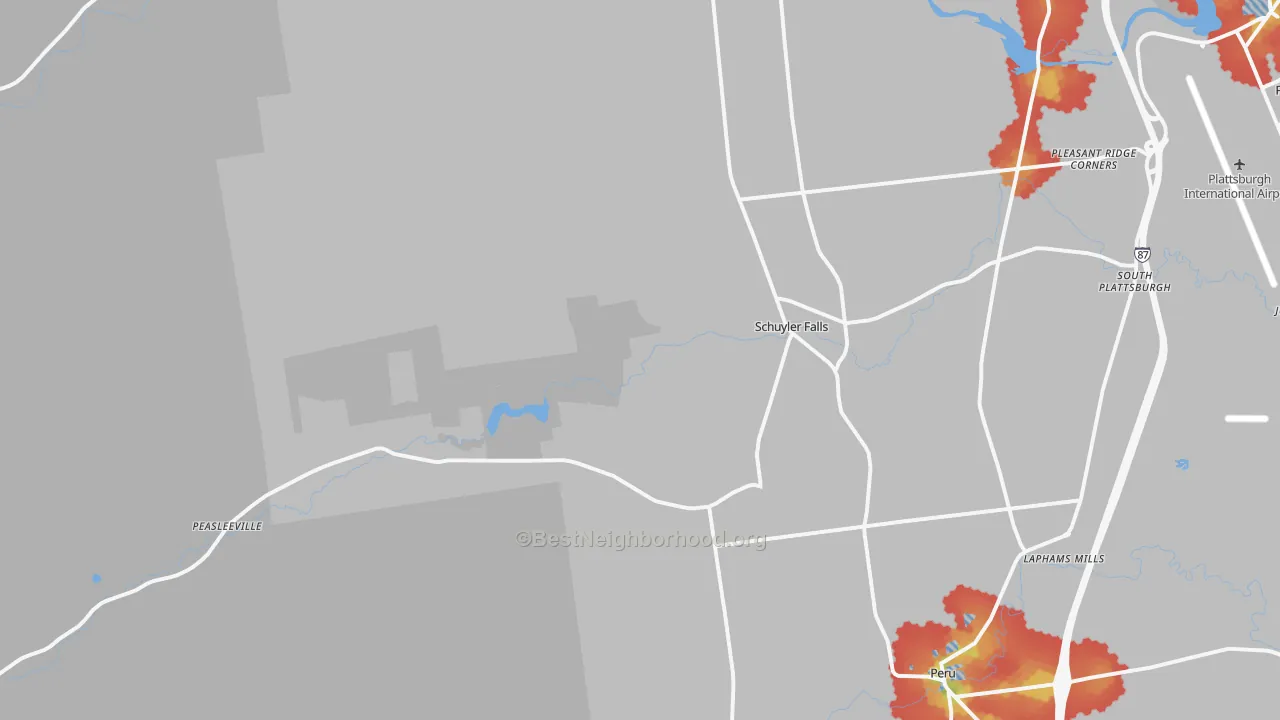 Walk Grade map of Schuyler Falls, NY, walkable areas in green and car-dependent areas in red