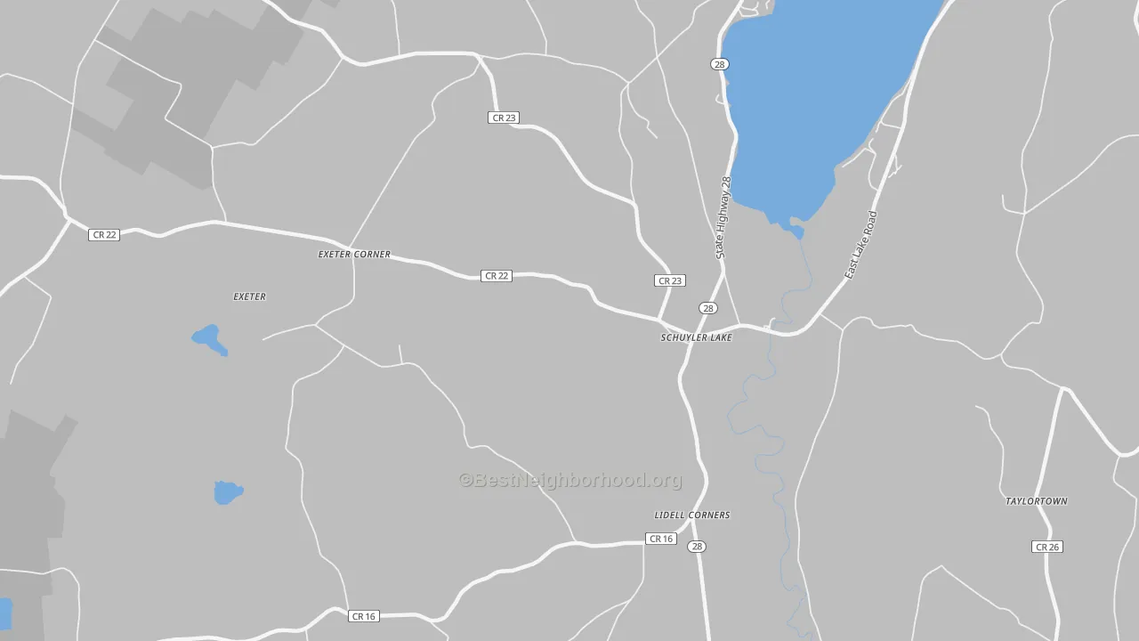 Walk Grade map of Schuyler Lake, NY, walkable areas in green and car-dependent areas in red