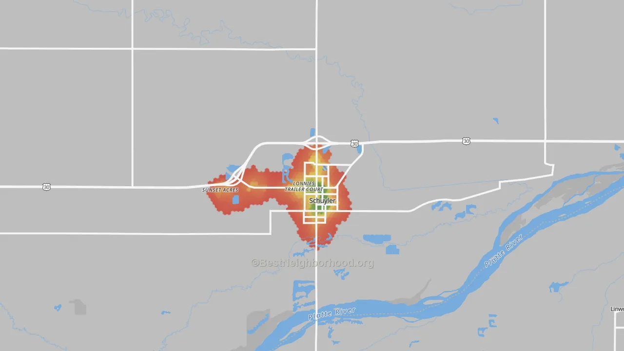 Walk Grade map of Schuyler, NE, walkable areas in green and car-dependent areas in red