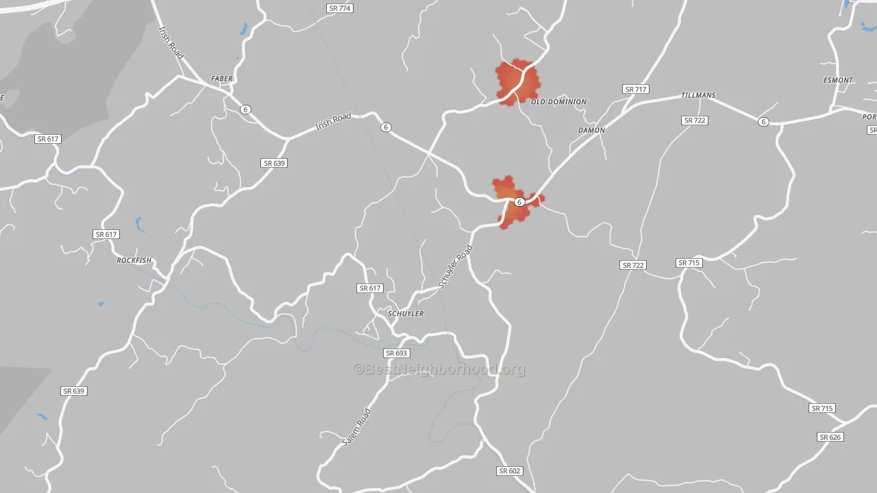 Walk Grade map of Schuyler, VA, walkable areas in green and car-dependent areas in red