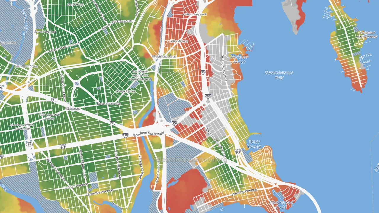 Walk Grade map of Schuylerville, Bronx, NY, walkable areas in green and car-dependent areas in red