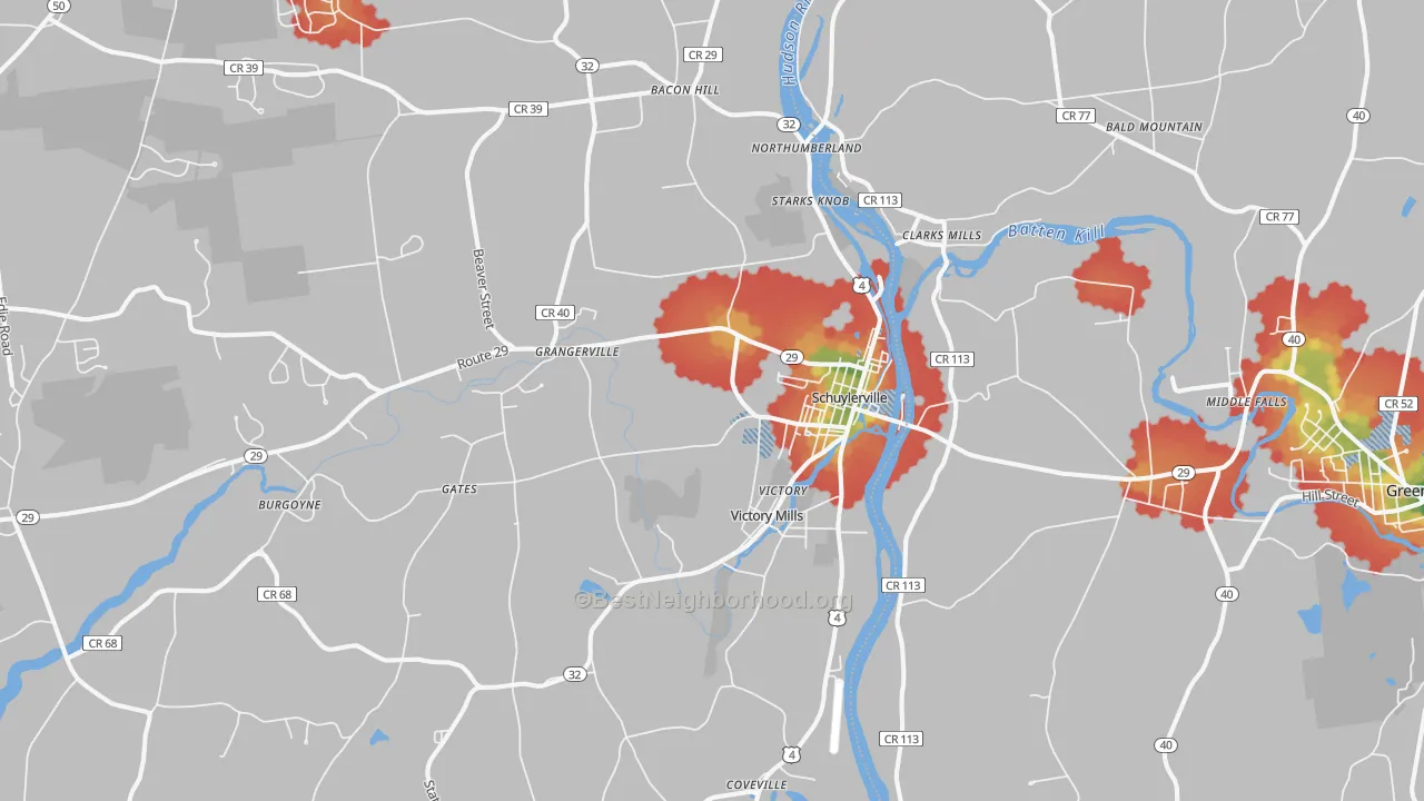 Walk Grade map of Schuylerville, NY, walkable areas in green and car-dependent areas in red