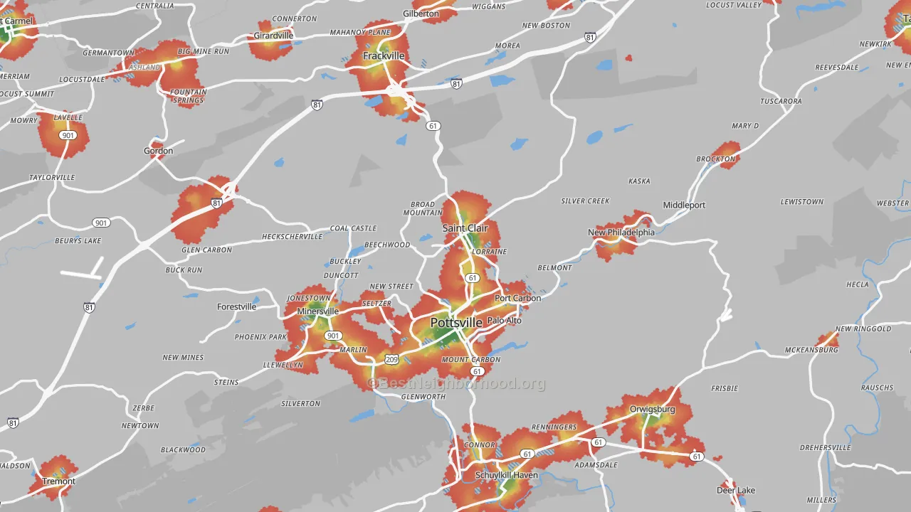 Walk Grade map of Schuylkill County, PA, walkable areas in green and car-dependent areas in red