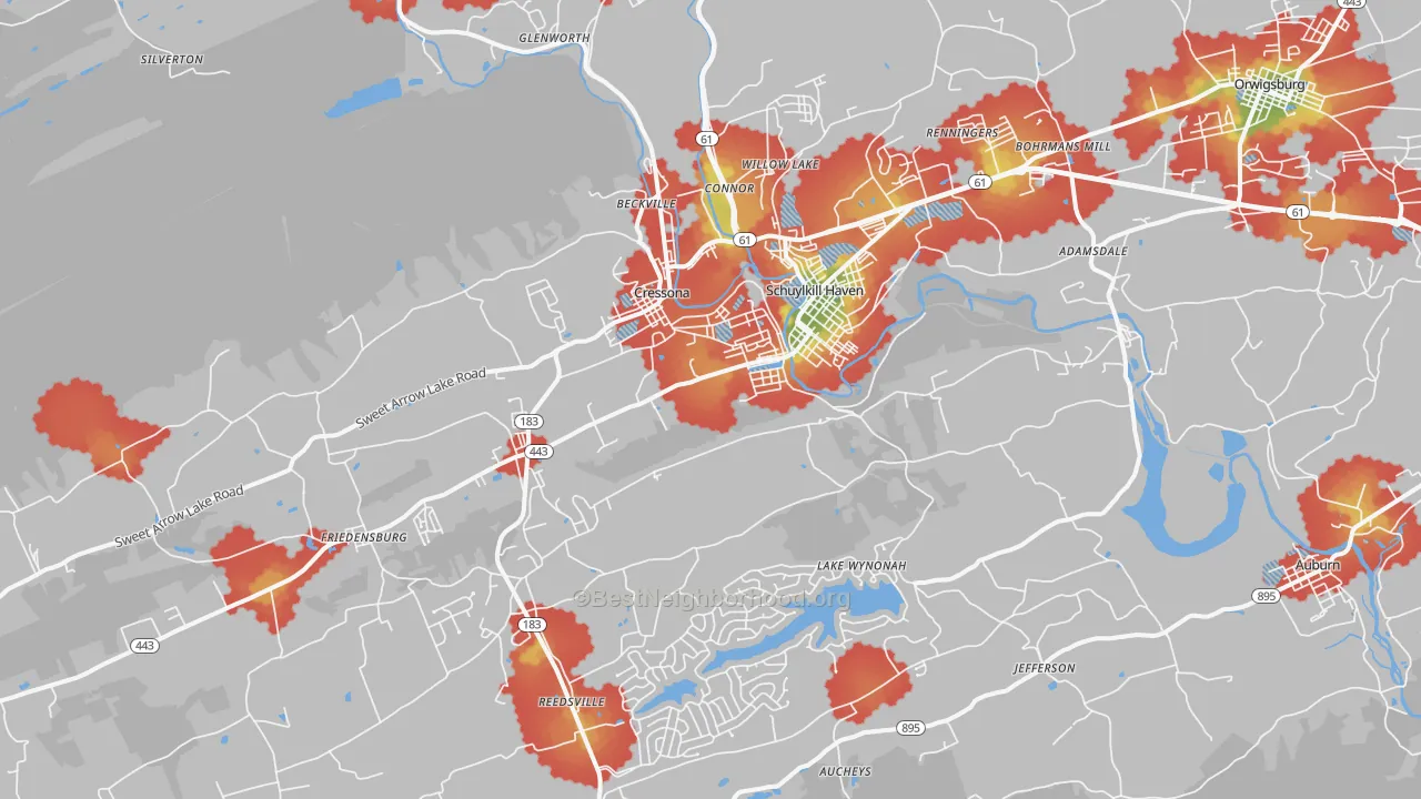 Walk Grade map of Schuylkill Haven, PA, walkable areas in green and car-dependent areas in red
