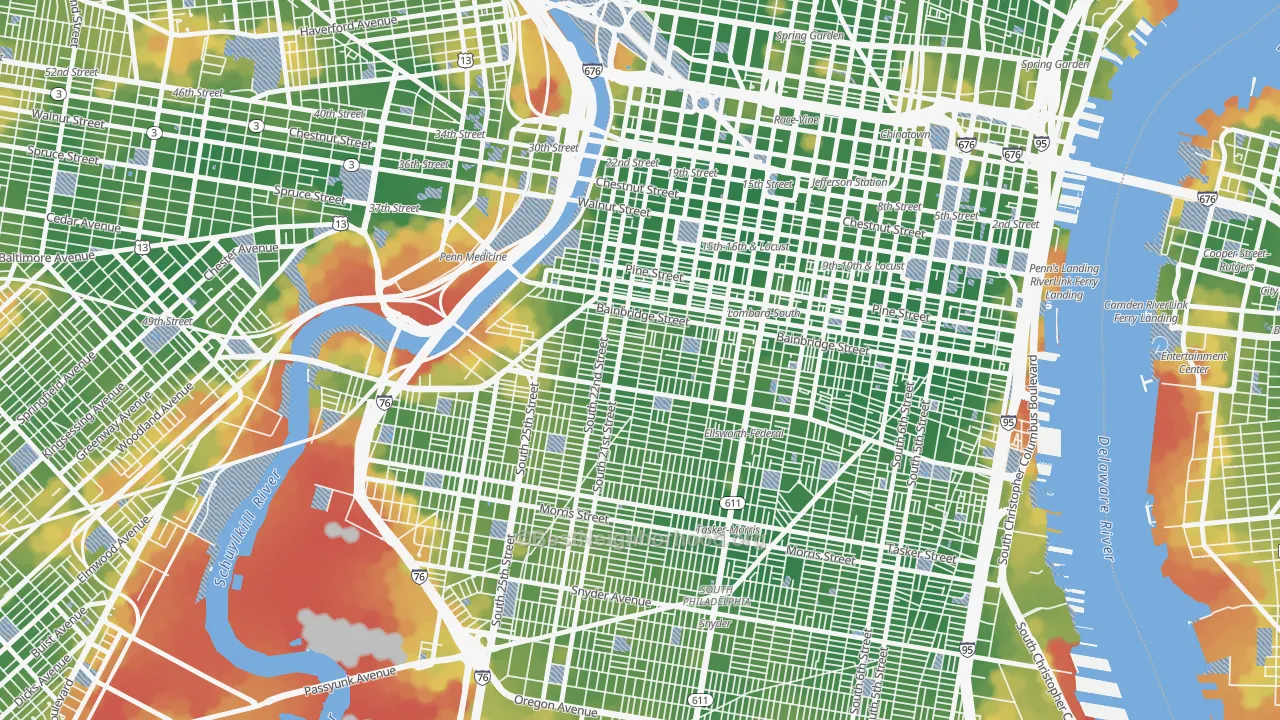 Walk Grade map of Schuylkill Southwest, Philadelphia, PA, walkable areas in green and car-dependent areas in red