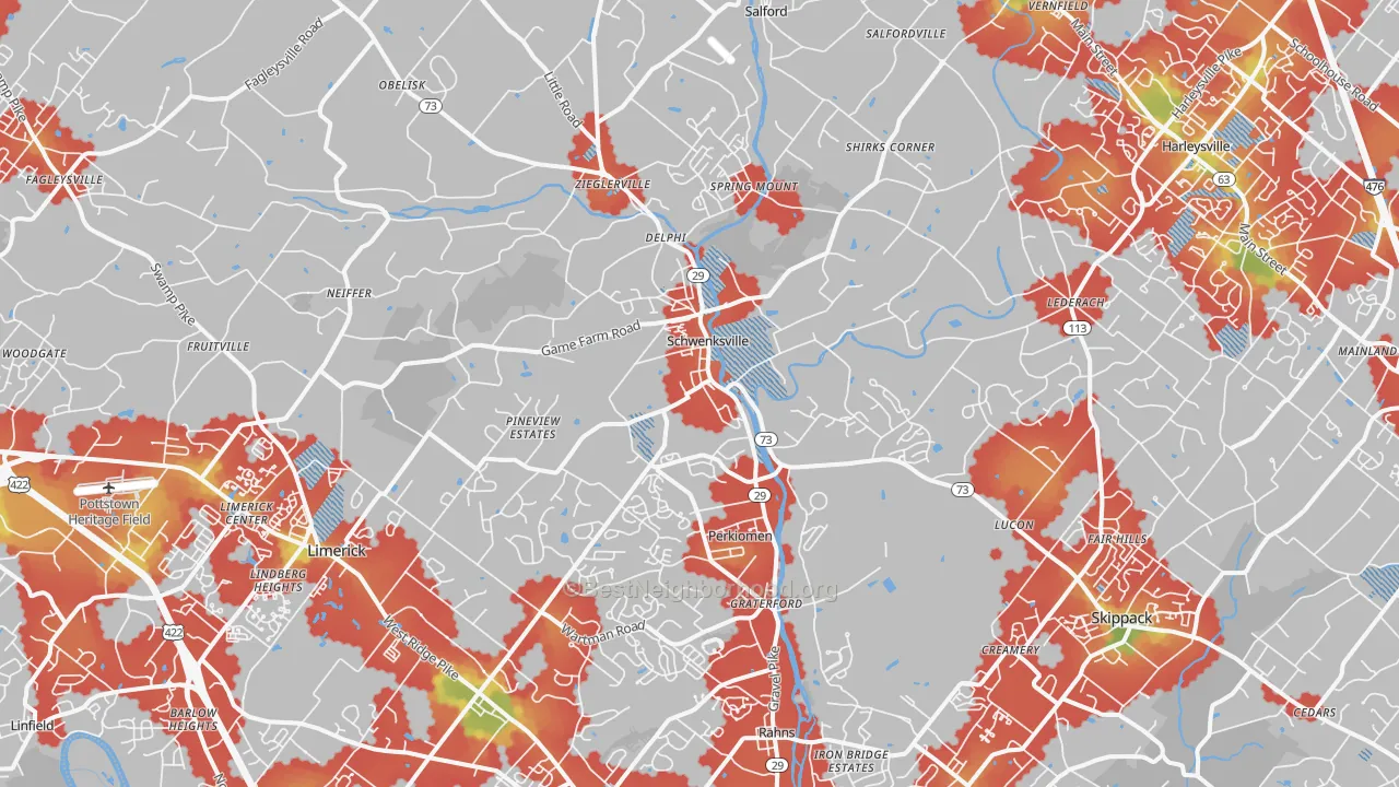 Walk Grade map of Schwenksville, PA, walkable areas in green and car-dependent areas in red