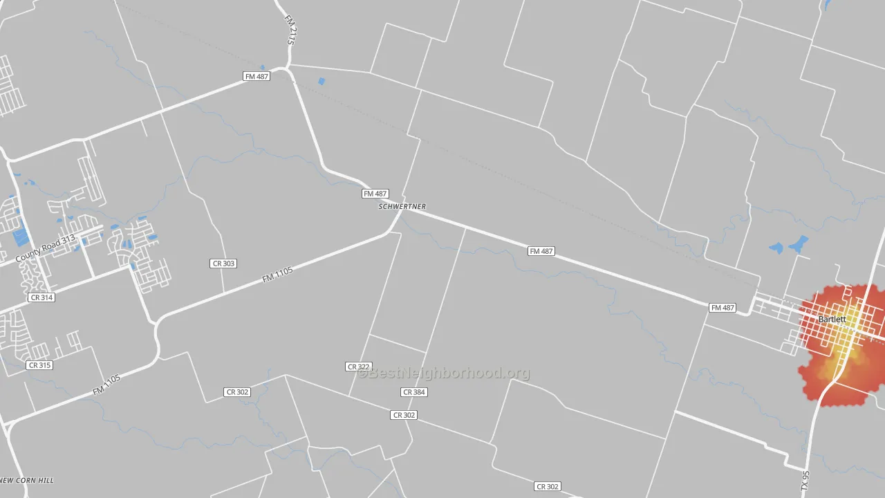 Walk Grade map of Schwertner, TX, walkable areas in green and car-dependent areas in red