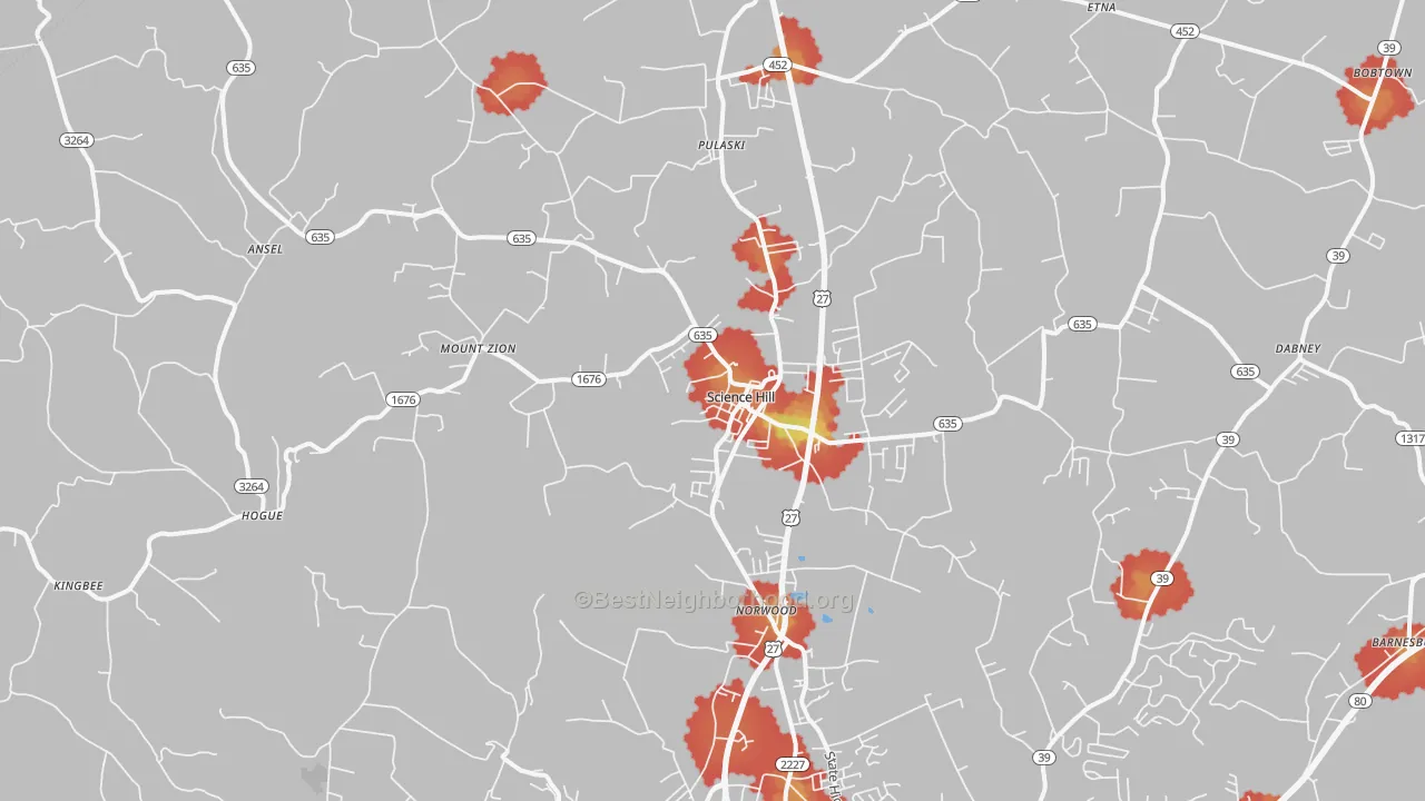 Walk Grade map of Science Hill, KY, walkable areas in green and car-dependent areas in red