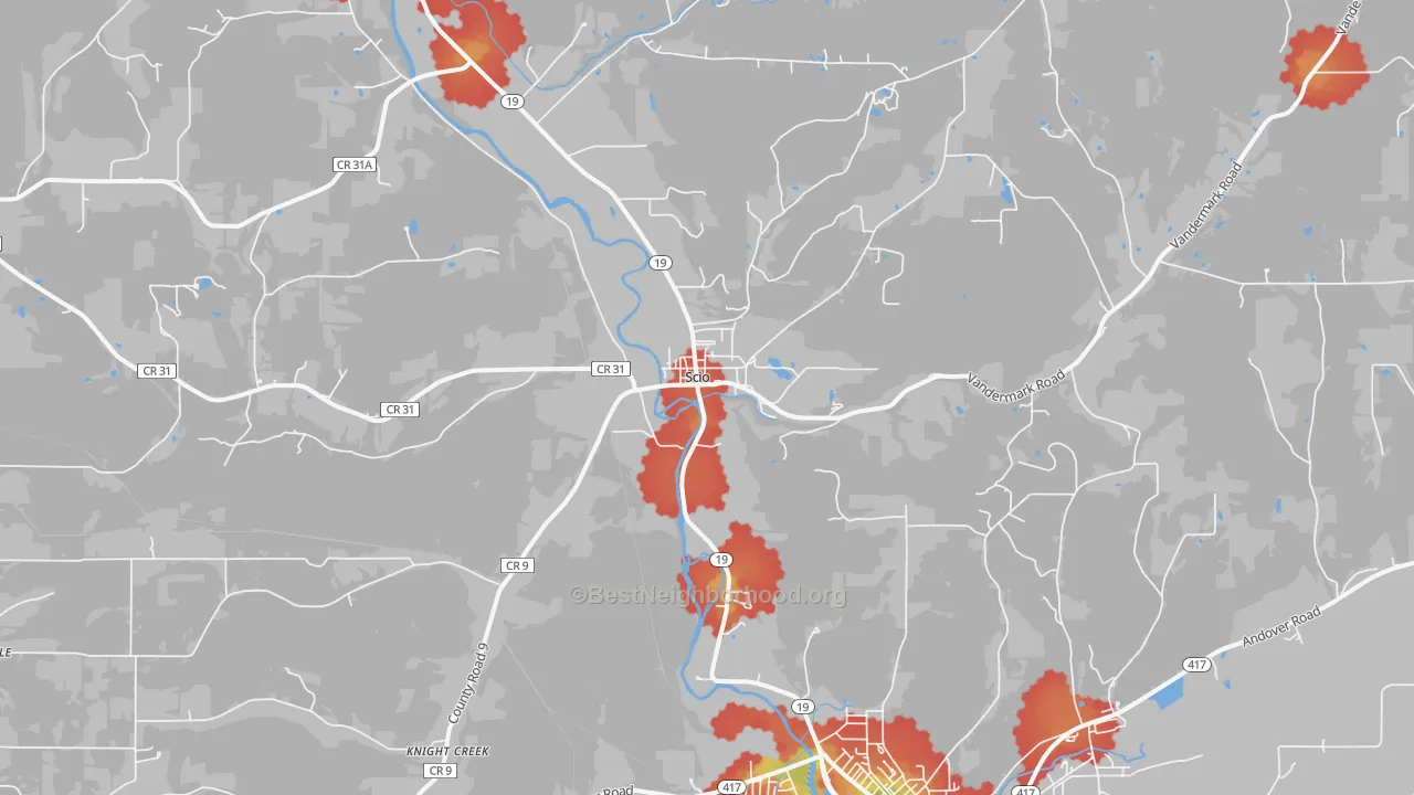 Walk Grade map of Scio, NY, walkable areas in green and car-dependent areas in red