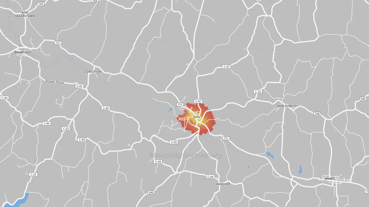 Walk Grade map of Scio, OH, walkable areas in green and car-dependent areas in red