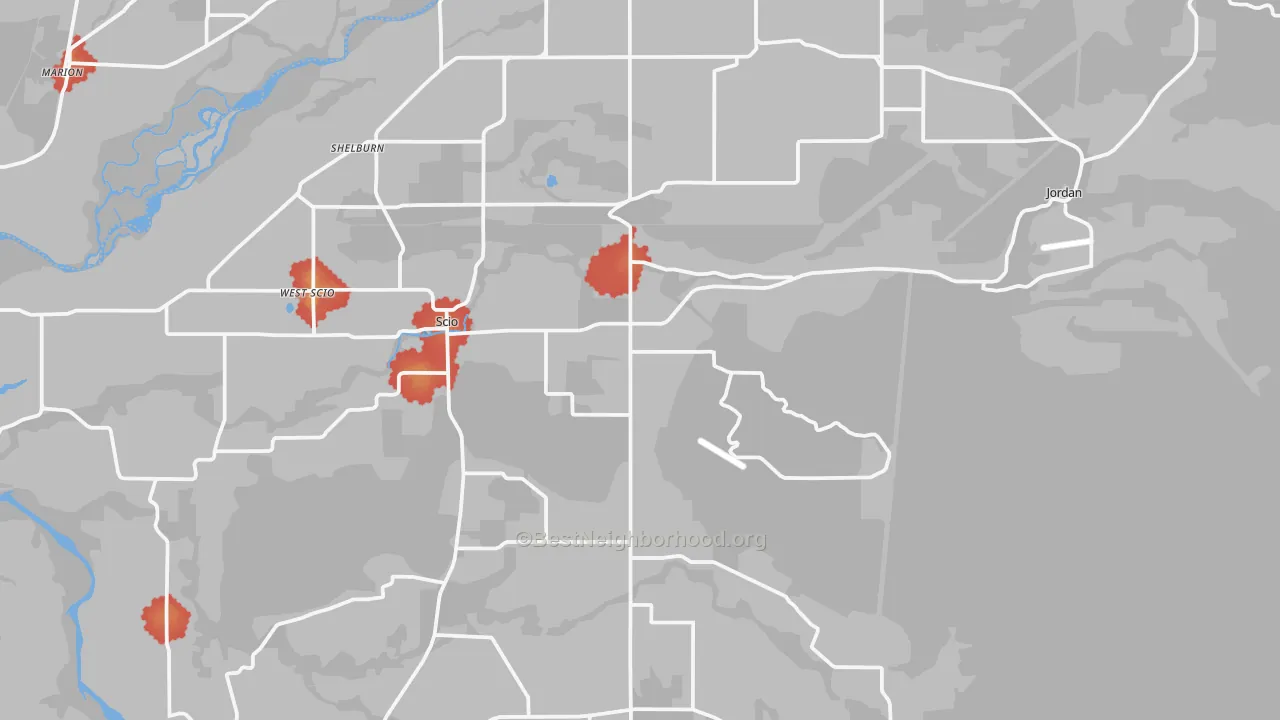 Walk Grade map of Scio, OR, walkable areas in green and car-dependent areas in red