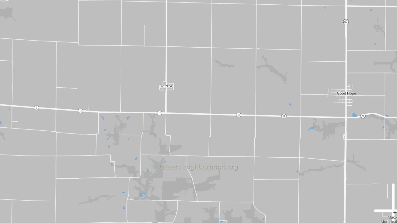 Walk Grade map of Sciota, IL, walkable areas in green and car-dependent areas in red