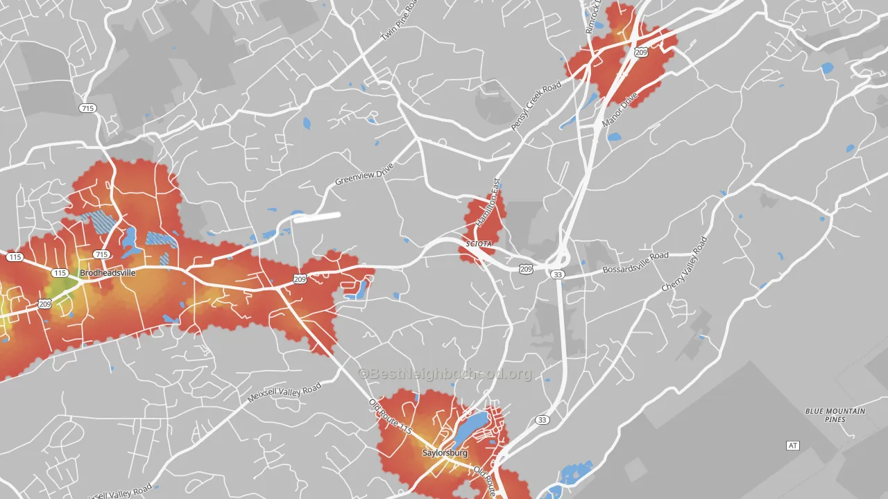 Walk Grade map of Sciota, PA, walkable areas in green and car-dependent areas in red
