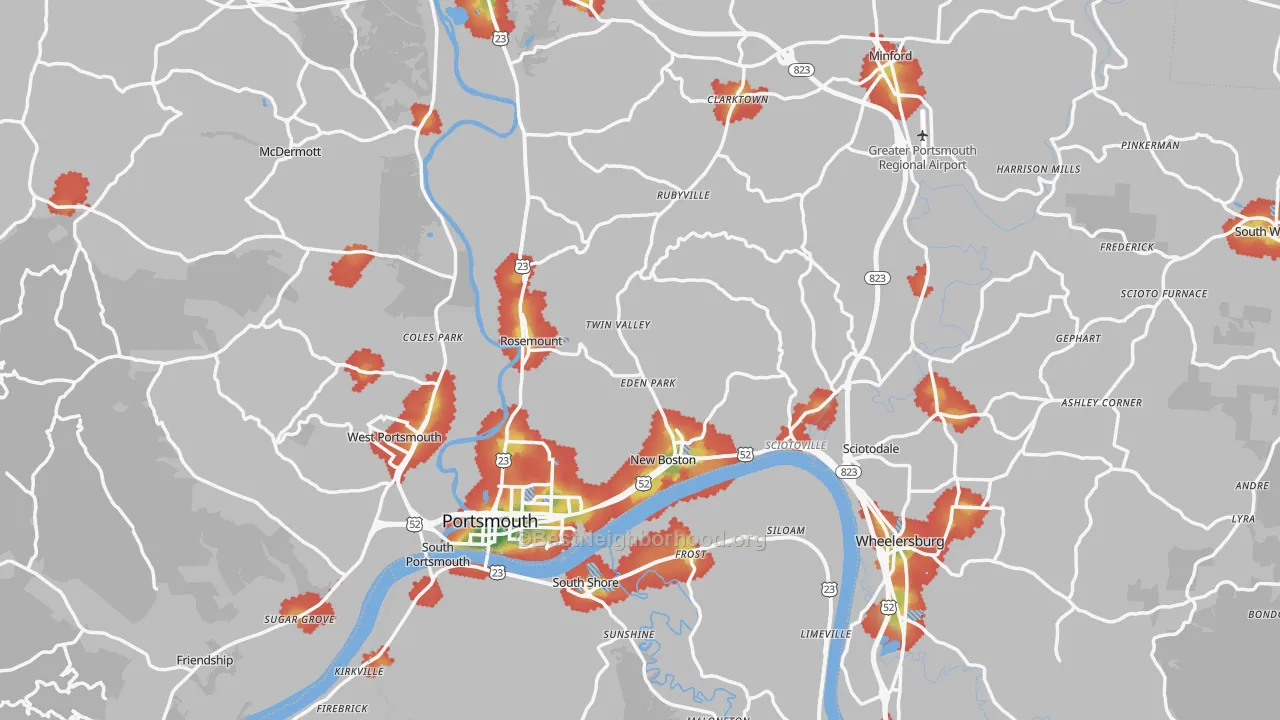 Walk Grade map of Scioto County, OH, walkable areas in green and car-dependent areas in red