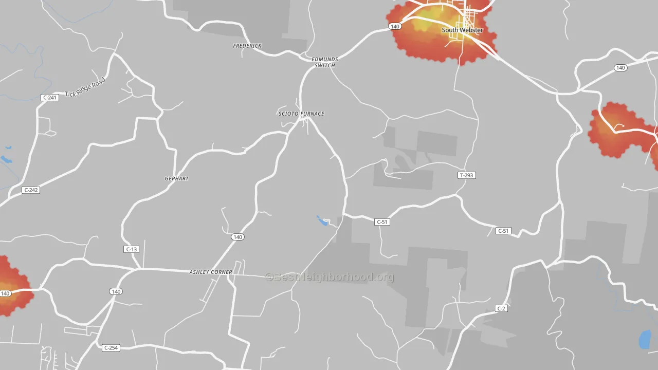 Walk Grade map of Scioto Furnace, OH, walkable areas in green and car-dependent areas in red