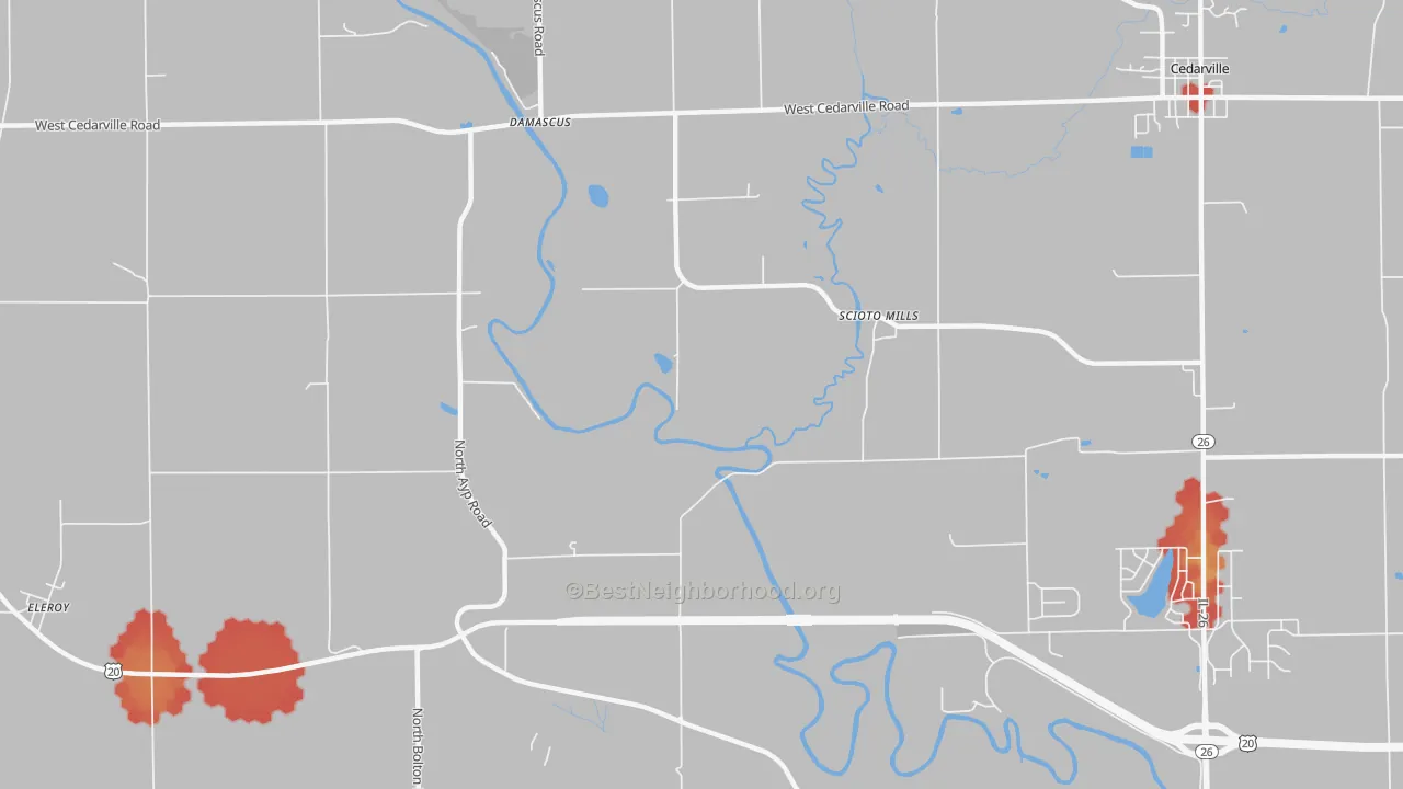 Walk Grade map of Scioto Mills, IL, walkable areas in green and car-dependent areas in red