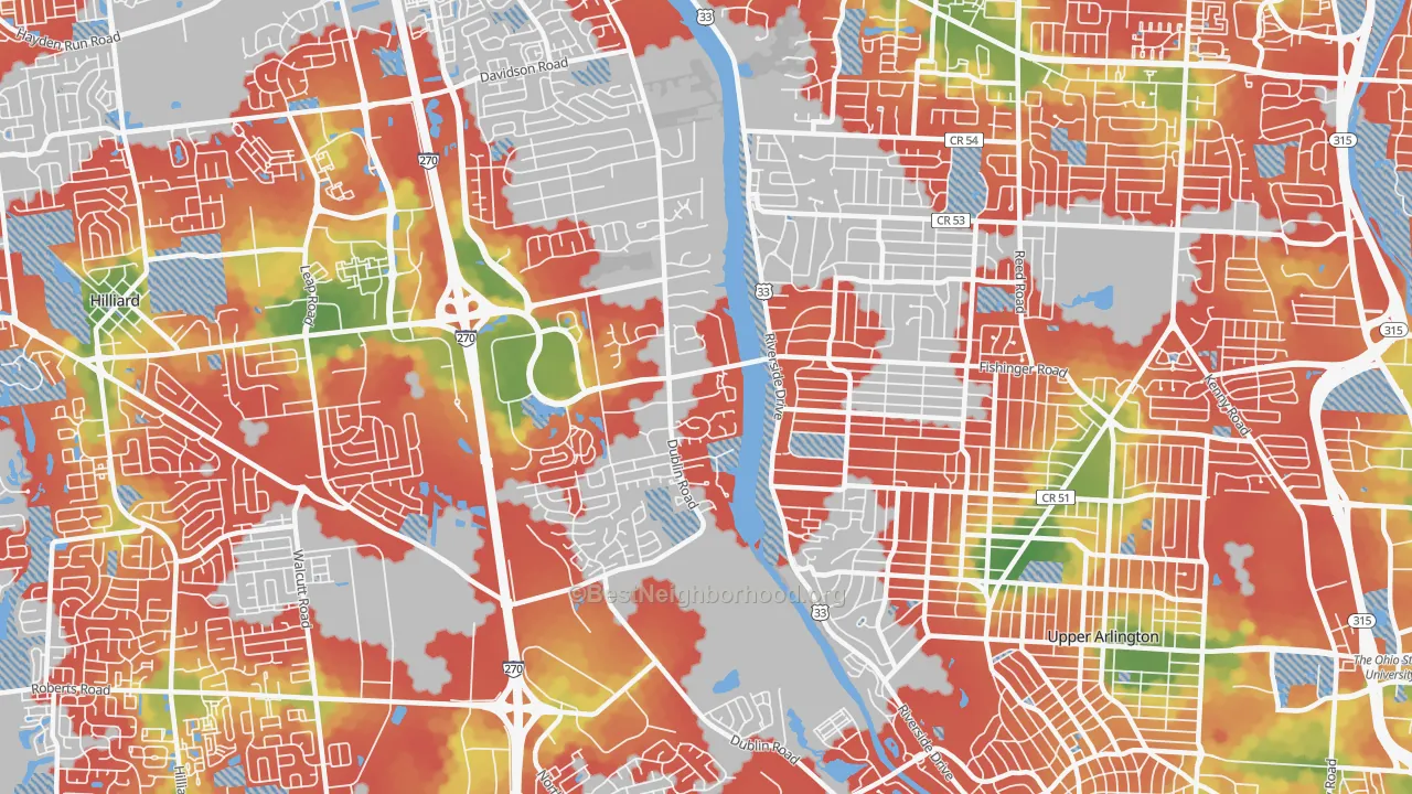 Walk Grade map of Scioto Trace, Columbus, OH, walkable areas in green and car-dependent areas in red