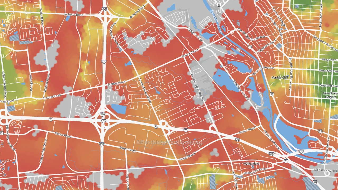 Walk Grade map of Scioto Woods, Columbus, OH, walkable areas in green and car-dependent areas in red