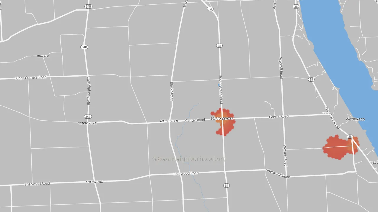 Walk Grade map of Scipio Center, NY, walkable areas in green and car-dependent areas in red