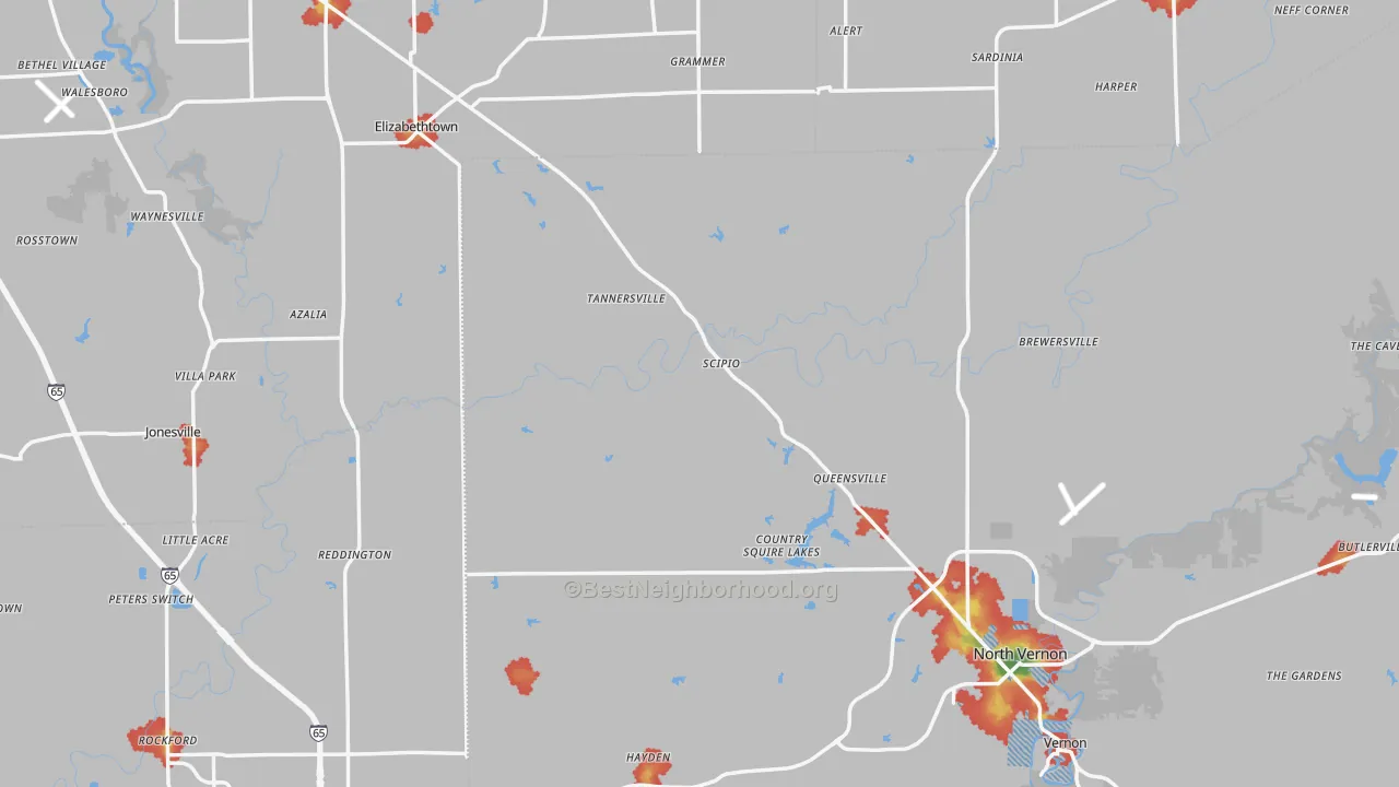 Walk Grade map of Scipio, IN, walkable areas in green and car-dependent areas in red