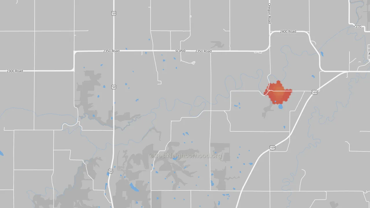 Walk Grade map of Scipio, KS, walkable areas in green and car-dependent areas in red