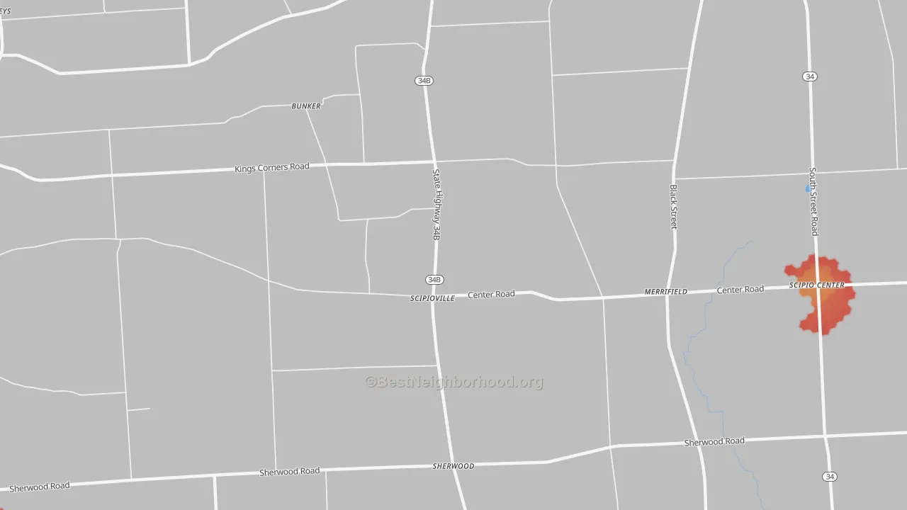 Walk Grade map of Scipioville, NY, walkable areas in green and car-dependent areas in red