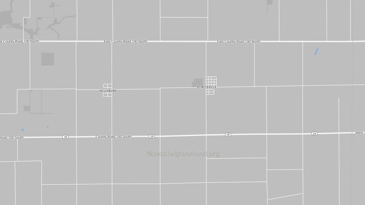 Walk Grade map of Scircleville, IN, walkable areas in green and car-dependent areas in red