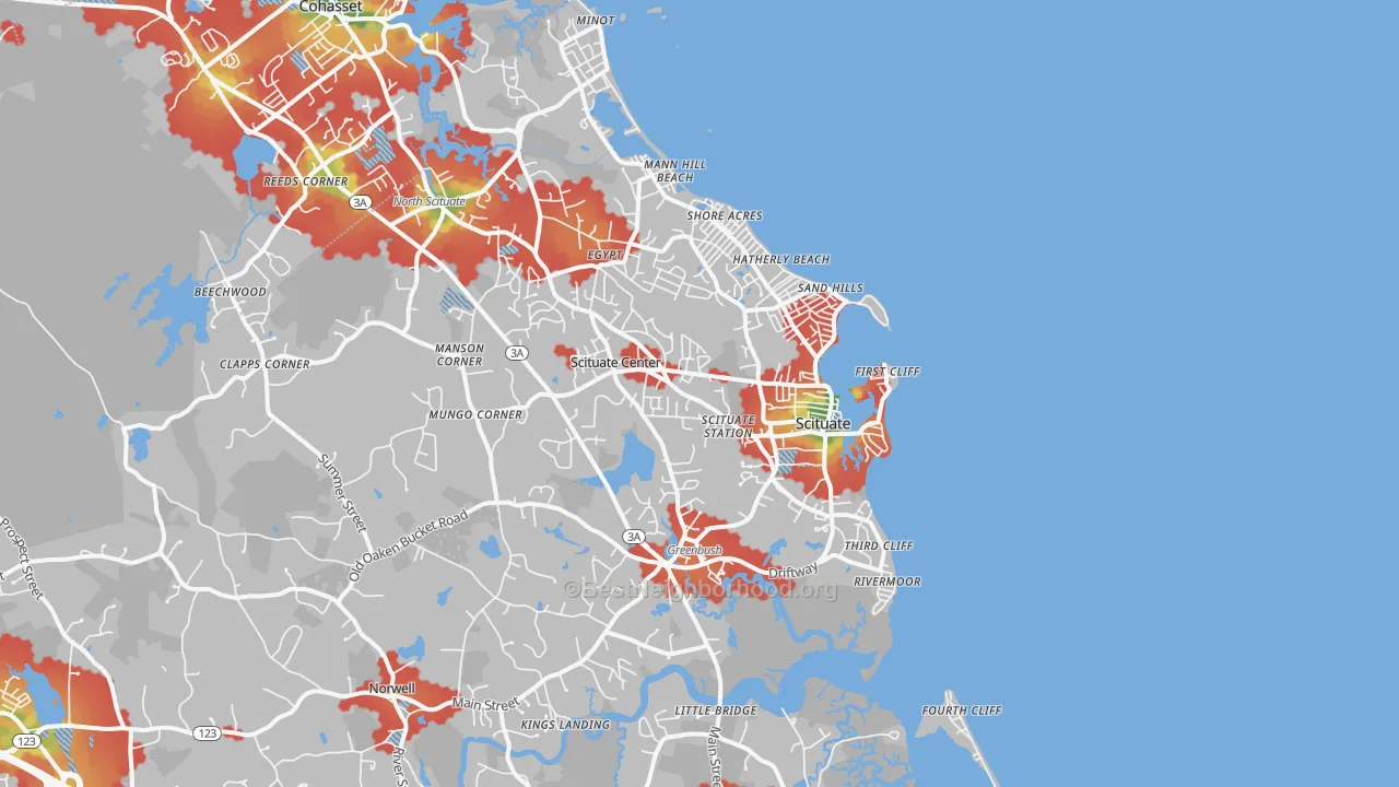 Walk Grade map of Scituate, MA, walkable areas in green and car-dependent areas in red