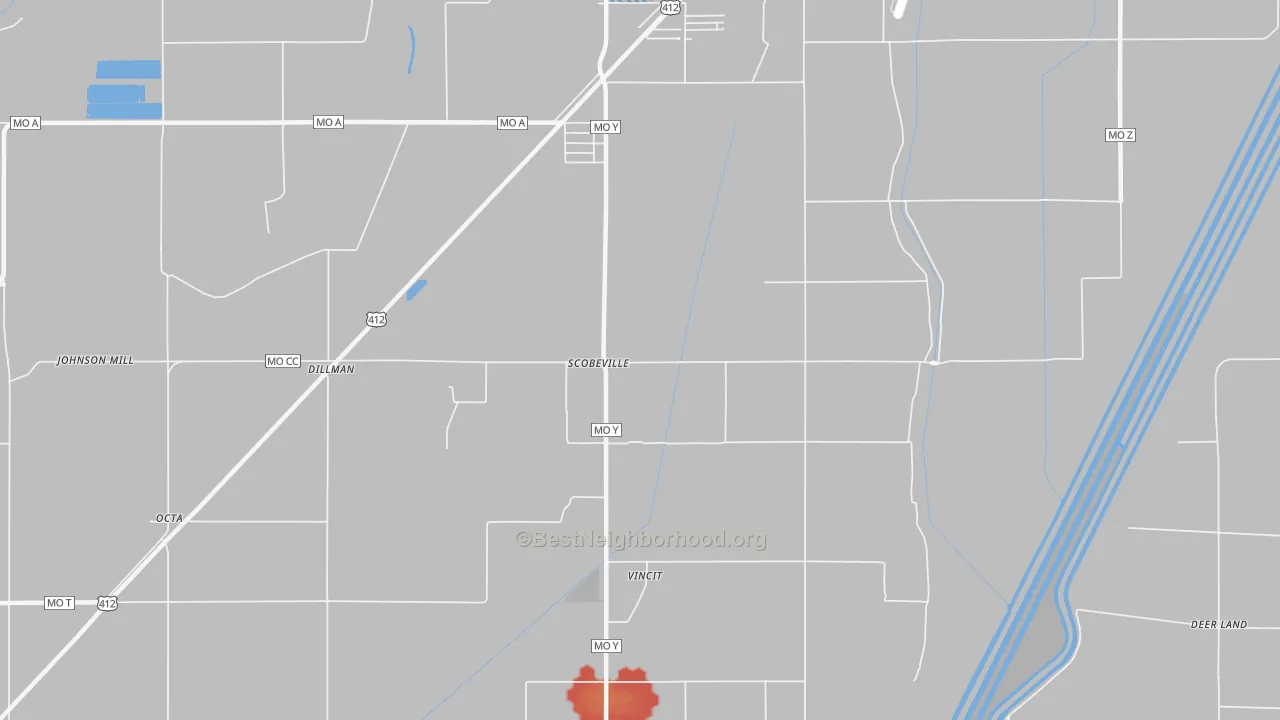 Walk Grade map of Scobeville, MO, walkable areas in green and car-dependent areas in red